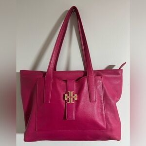 Tory Burch Fuchsia Leather Tote with Gold Logo